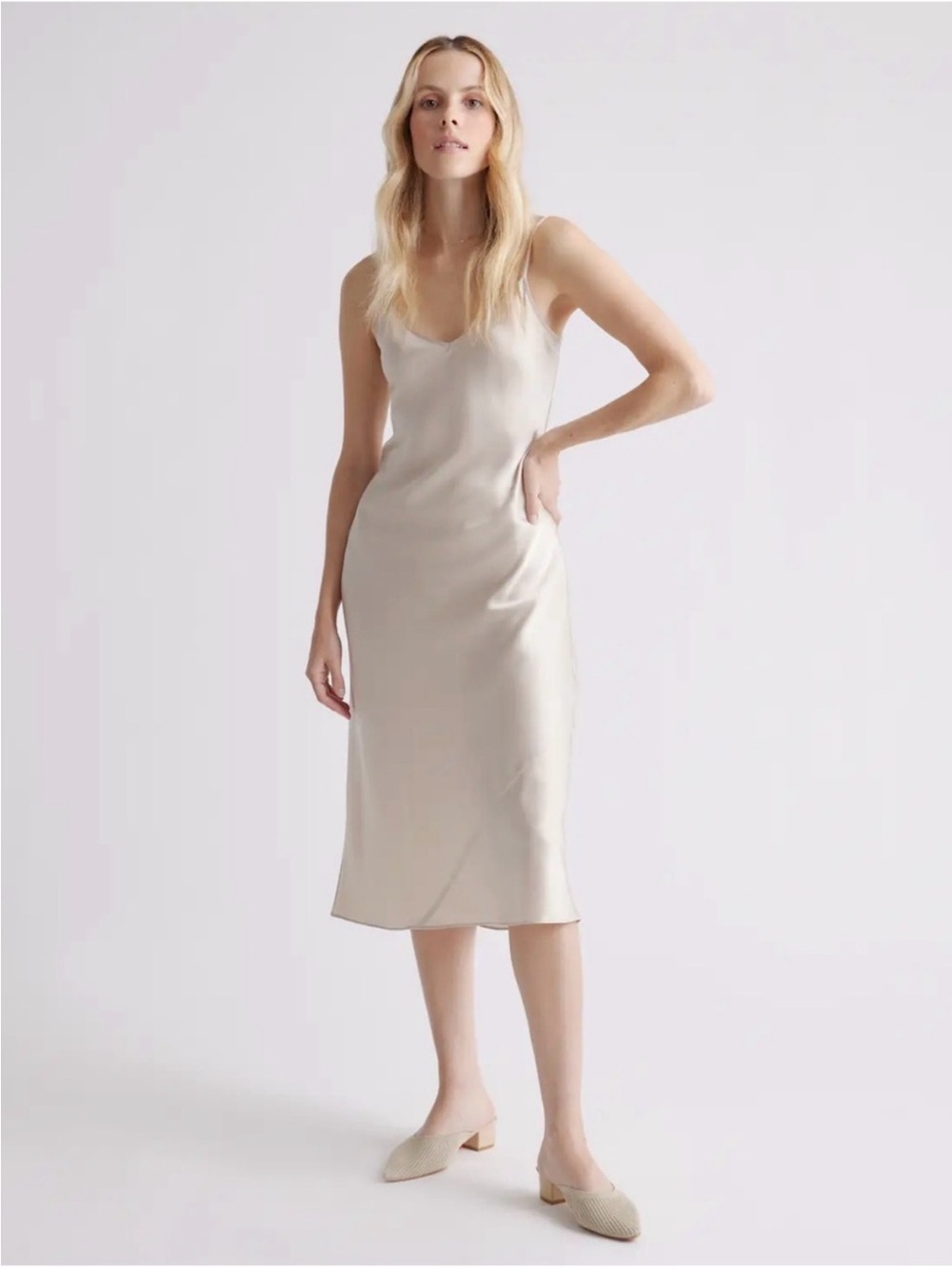 Quince Beige Slip Midi Dress with V-Neck Spaghetti Straps